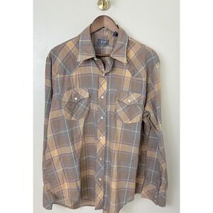 VTG VIP Shirt Mens XL XLarge Pearl Snap Plaid Thin Cowboy Rodeo‎ Western Brown